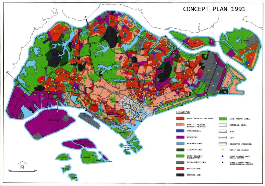 Singapore's 1991 concept plan, a map showing zoning for housing, industry, infrastructure, and open space, with a detailed legend.